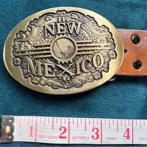 VINTAGE TOOLED LEATHER BELT WITH SOLID BRONZE BUCKLE SIZE 34
